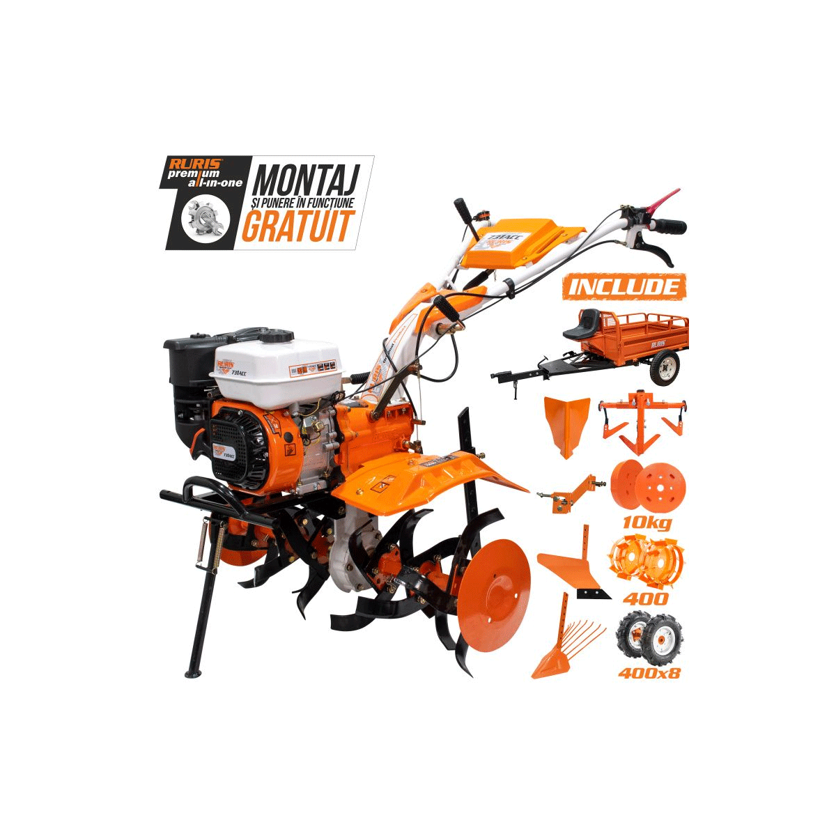 Motosapatoare Ruris 731acc3, 8.5 CP, roti cauciuc 5.00-8, rarita, plug, adaptor, dispozitiv scos cartofi, roti metalice 400 fara manicot, cultivator, set contragreutati 10kg, remorca ruris 550s